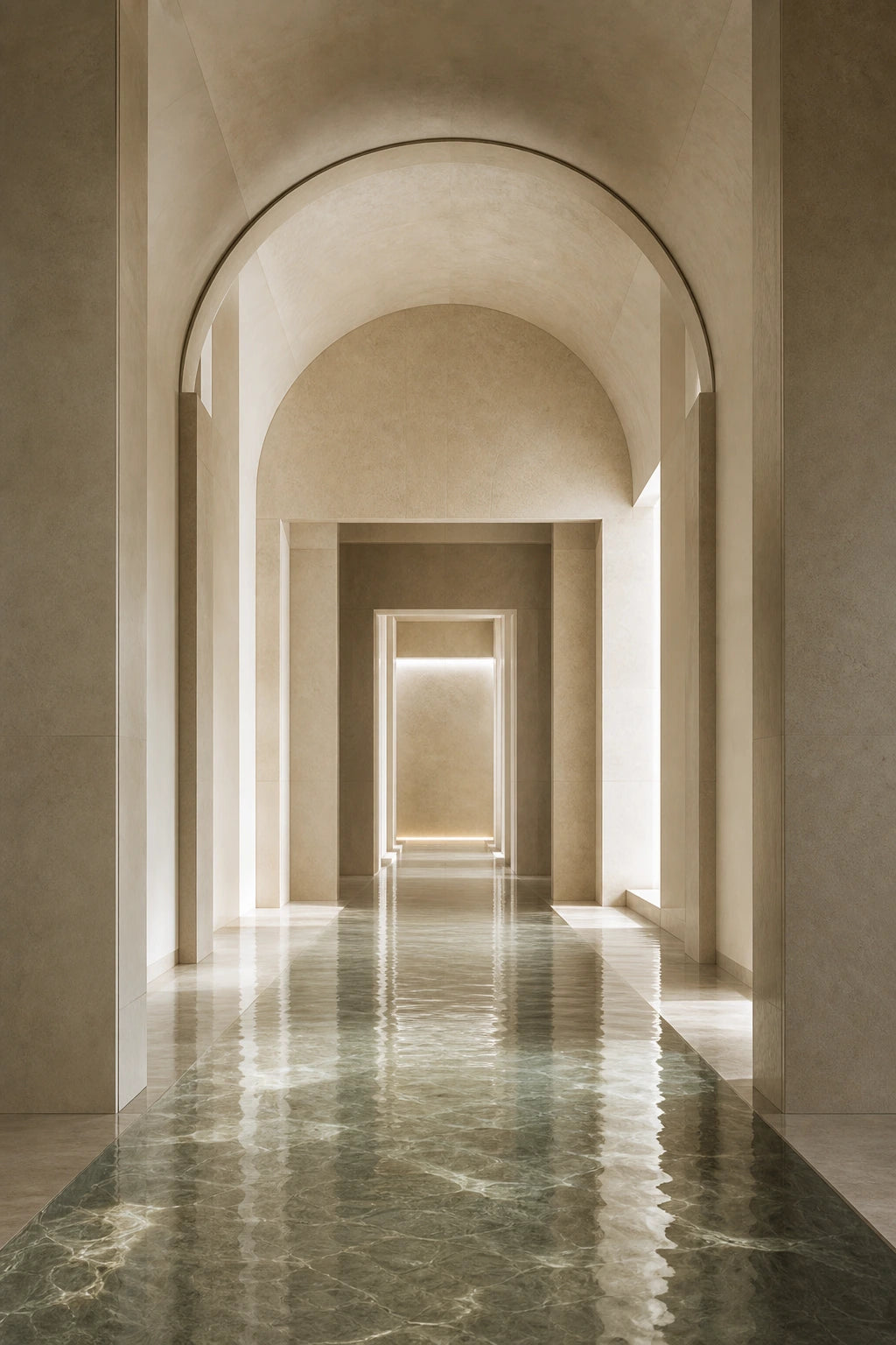 Illuminated stone passage reflected in water