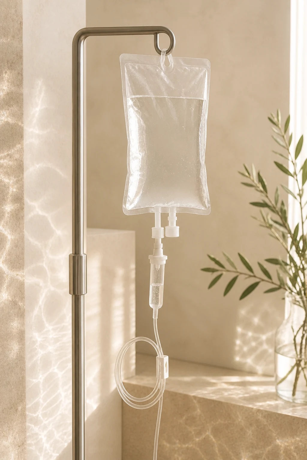 A clear IV bag and drip chamber in warm natural light